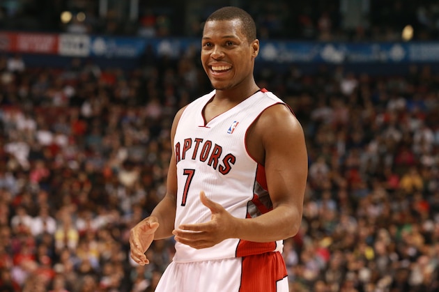 TORONTO,ON - APRIL 11:  Kyle Lowry #7 of the Toronto Raptors celebartes against the New York Knicks at the Air Canada Centre on April 11, 2014 in Toronto, Ontario, Canada. NOTE TO USER: User expressly acknowledges and agrees that, by downloading and/or using this photograph, user is consenting to the terms and conditions of the Getty Images License Agreement. Mandatory Copyright Notice: Copyright 2014 NBAE (Photo by Dave Sandford/NBAE via Getty Images)
