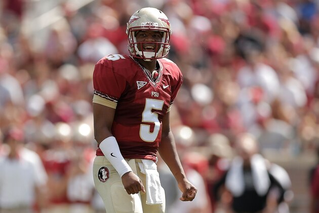 TALLAHASSEE, FL - APRIL 12:  Jameis Winston #5 of the Garnet team reacts to a pass against the Gold team during Florida State's Garnet and Gold spring game at Doak Campbell Stadium on April 12, 2014 in Tallahassee, Florida.  (Photo by Stacy Revere/Getty Images)