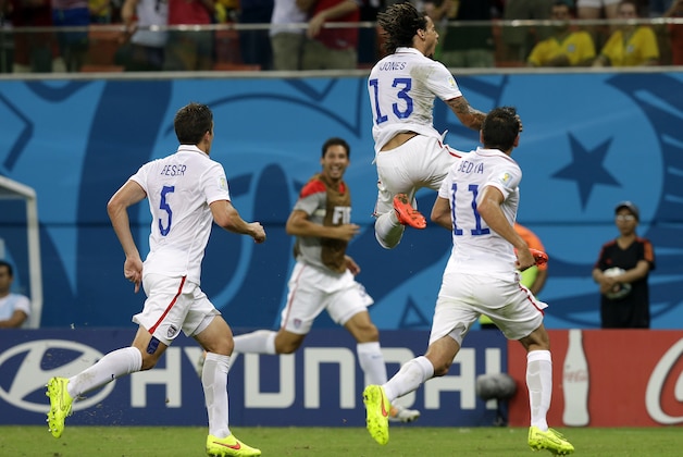 United States' Jermaine Jones (13) celebrates after scoring his side's first goal during the group G World Cup soccer match between the United States and Portugal at the Arena da Amazonia in Manaus, Brazil, Sunday, June 22, 2014. (AP Photo/Martin Mejia) United States' Jermaine Jones (13) celebrates after scoring his side's first goal during the group G World Cup soccer match between the United States and Portugal at the Arena da Amazonia in Manaus, Brazil, Sunday, June 22, 2014. (AP Photo/Martin Mejia)