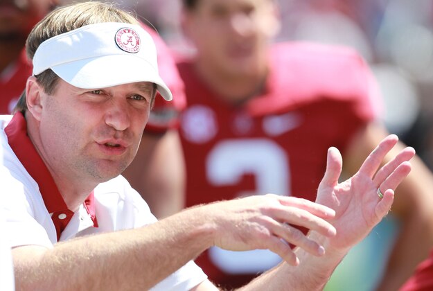Apr 20, 2013; Tuscaloosa, AL, USA; Alabama Crimson Tide defensive coordinator Kirby Smart talks to the defense during the A-Day game at Bryant Denny Stadium. Mandatory Credit: Marvin Gentry-USA TODAY Sports