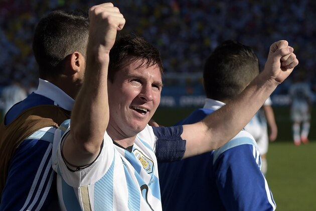 Argentina's Lionel Messi celebrates after Angel di Maria scored his side's only and winning goal in extra time during the World Cup round of 16 soccer match between Argentina and Switzerland at the Itaquerao Stadium in Sao Paulo, Brazil, Tuesday, July 1, 2014. Argentina defeated Switzerland 1-0 to move on to the quarterfinals. (AP Photo/Manu Fernandez) Argentina's Lionel Messi celebrates after Angel di Maria scored his side's only and winning goal in extra time during the World Cup round of 16 soccer match between Argentina and Switzerland at the Itaquerao Stadium in Sao Paulo, Brazil, Tuesday, July 1, 2014. Argentina defeated Switzerland 1-0 to move on to the quarterfinals. (AP Photo/Manu Fernandez)