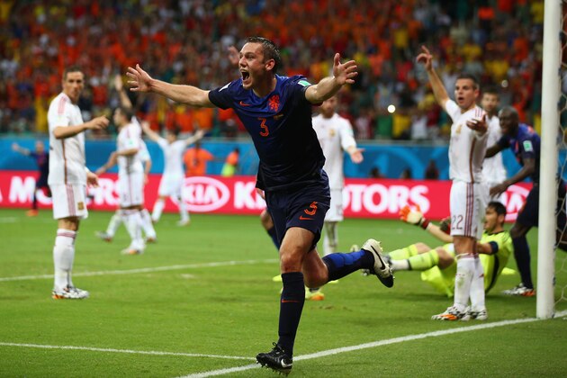 SALVADOR, BRAZIL - JUNE 13:  Stefan de Vrij of the Netherlands celebrates scoring the third goal during the 2014 FIFA World Cup Brazil Group B match between Spain and Netherlands at Arena Fonte Nova on June 13, 2014 in Salvador, Brazil.  (Photo by Paul Gilham/Getty Images)