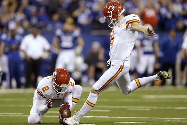 Kansas City Chiefs' Ryan Succop (6) kicks 42-yard field goal against the Indianapolis Colts during the second half of an NFL wild-card playoff football game Saturday, Jan. 4, 2014, in Indianapolis. (AP Photo/Michael Conroy)