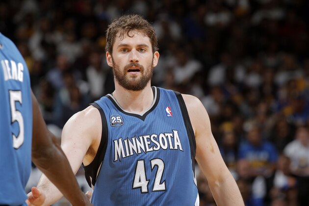 OAKLAND, CA - APRIL 14: Kevin Love #42 of the Minnesota Timberwolves during a game against the Golden State Warriors on April 14, 2014 at Oracle Arena in Oakland, California. NOTE TO USER: User expressly acknowledges and agrees that, by downloading and or using this photograph, user is consenting to the terms and conditions of Getty Images License Agreement. Mandatory Copyright Notice: Copyright 2014 NBAE (Photo by Rocky Widner/NBAE via Getty Images)