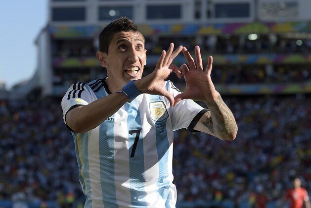 Argentina's Angel di Maria celebrates after scoring his side's only and winning goal in extra time during the World Cup round of 16 soccer match between Argentina and Switzerland at the Itaquerao Stadium in Sao Paulo, Brazil, Tuesday, July 1, 2014. Argentina defeated Switzerland 1-0 to move on to the quarterfinals. (AP Photo/Manu Fernandez)