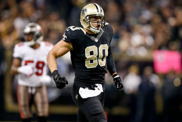 Dec 29, 2013; New Orleans, LA, USA; New Orleans Saints tight end Jimmy Graham (80) reacts against the Tampa Bay Buccaneers during the first half of a game at the Mercedes-Benz Superdome. Mandatory Credit: Derick E. Hingle-USA TODAY Sports