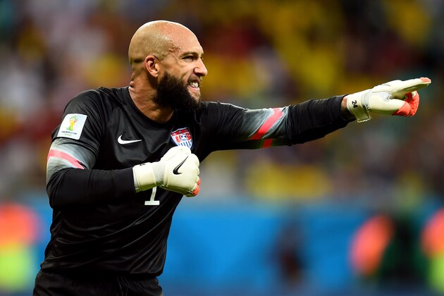 SALVADOR, BRAZIL - JULY 01:  Tim Howard of the United States gestures during the 2014 FIFA World Cup Brazil Round of 16 match between Belgium and the United States at Arena Fonte Nova on July 1, 2014 in Salvador, Brazil.  (Photo by Jamie McDonald/Getty Images)