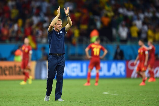 SALVADOR, BRAZIL - JULY 01: Head coach Jurgen Klinsmann of the United States acknowledges the fans after losing to Belgium 2-1 in extra time during the 2014 FIFA World Cup Brazil Round of 16 match between Belgium and the United States at Arena Fonte Nova on July 1, 2014 in Salvador, Brazil. (Photo by Jamie McDonald/Getty Images) SALVADOR, BRAZIL - JULY 01: Head coach Jurgen Klinsmann of the United States acknowledges the fans after losing to Belgium 2-1 in extra time during the 2014 FIFA World Cup Brazil Round of 16 match between Belgium and the United States at Arena Fonte Nova on July 1, 2014 in Salvador, Brazil. (Photo by Jamie McDonald/Getty Images)