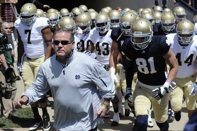 Notre Dame football coach Brian Kelly leads his team out onto the field at the Blue and Gold Game which marks the end of spring football practice April 21, 2012 in South Bend, Ind.  (AP Photo/Joe Raymond)