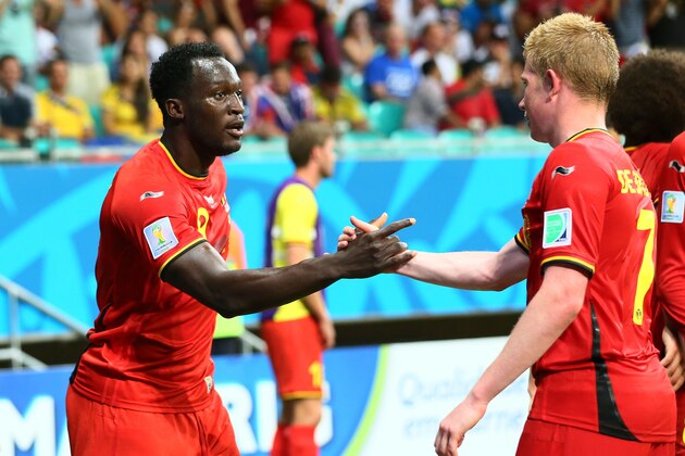 SALVADOR, BRAZIL - JULY 01: Romelu Lukaku of Belgium celebrates scoring his team's second goal with Kevin De Bruyne during the 2014 FIFA World Cup Brazil Round of 16 match between Belgium and the United States at Arena Fonte Nova on July 1, 2014 in Salvador, Brazil. (Photo by Kevin C. Cox/Getty Images) SALVADOR, BRAZIL - JULY 01: Romelu Lukaku of Belgium celebrates scoring his team's second goal with Kevin De Bruyne during the 2014 FIFA World Cup Brazil Round of 16 match between Belgium and the United States at Arena Fonte Nova on July 1, 2014 in Salvador, Brazil. (Photo by Kevin C. Cox/Getty Images)