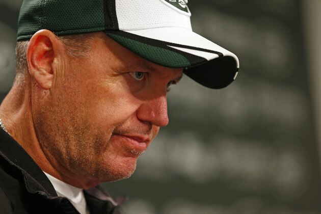 FLORHAM PARK, NJ - MAY 16: Head Coach Rex Ryan of the New York Jets talks with the media after their first day of rookie minicamp on May 16, 2014 in Florham Park, New Jersey. (Photo by Rich Schultz /Getty Images)