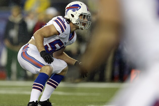 Buffalo Bills linebacker Kiko Alonso warms up before an NFL football game against the New England Patriots Sunday, Dec. 29, 2013, in Foxborough, Mass. (AP Photo/Steven Senne)