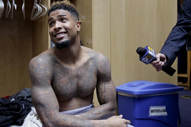 New York Giants wide receiver Odell Beckham Jr., answers questions for the media after workouts on the first day of NFL football minicamp, Tuesday, June 17, 2014, in East Rutherford, N.J. (AP Photo/Julie Jacobson) New York Giants wide receiver Odell Beckham Jr., answers questions for the media after workouts on the first day of NFL football minicamp, Tuesday, June 17, 2014, in East Rutherford, N.J. (AP Photo/Julie Jacobson)
