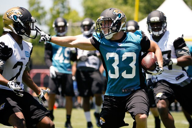 JACKSONVILLE, FL - MAY 16: Beau Blakenship #33 of the Jacksonville Jaguars works out during rookie minicamp at Everbank Field on May 16, 2014 in Jacksonville, Florida. (Photo by Rob Foldy/Getty Images)