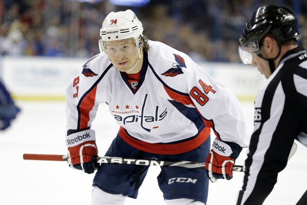 Washington Capitals center Mikhail Grabovski (84), of Germany, during the third period of an NHL hockey game against the Tampa Bay Lightning Thursday, Jan. 9, 2014, in Tampa, Fla. (AP Photo/Chris O'Meara)