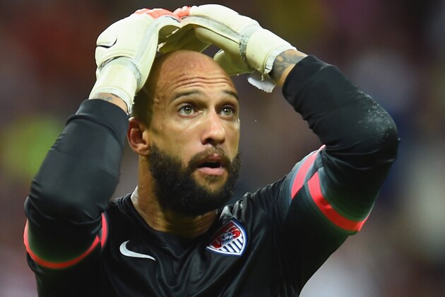 SALVADOR, BRAZIL - JULY 01:  Tim Howard of the United States reacts during the 2014 FIFA World Cup Brazil Round of 16 match between Belgium and the United States at Arena Fonte Nova on July 1, 2014 in Salvador, Brazil.  (Photo by Jamie McDonald/Getty Images)