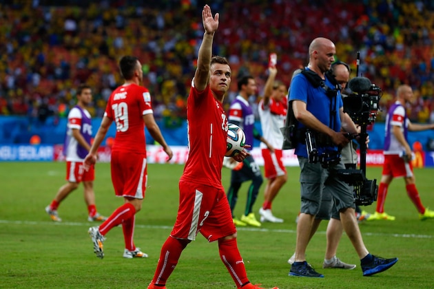 MANAUS, BRAZIL - JUNE 25:  Xherdan Shaqiri of Switzerland acknowledges the fans after a 3-0 victory over Honduras in the 2014 FIFA World Cup Brazil Group E match between Honduras and Switzerland at Arena Amazonia on June 25, 2014 in Manaus, Brazil.  (Photo by Matthew Lewis/Getty Images)
