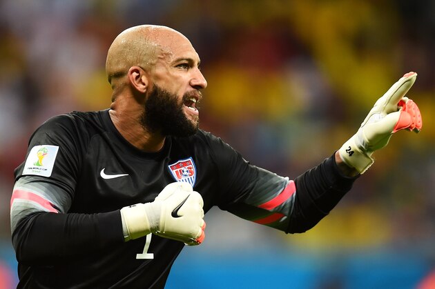 SALVADOR, BRAZIL - JULY 01:  Tim Howard of the United States reacts during the 2014 FIFA World Cup Brazil Round of 16 match between Belgium and the United States at Arena Fonte Nova on July 1, 2014 in Salvador, Brazil.  (Photo by Jamie McDonald/Getty Images)