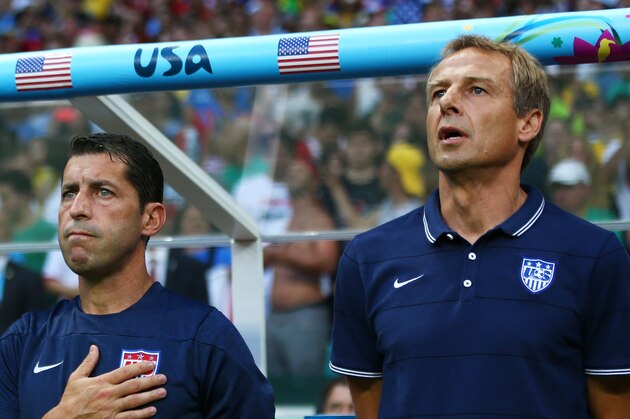 SALVADOR, BRAZIL - JULY 01: (L-R) Goalkeeper coach Chris Woods, assistant coach Tab Ramos and head coach Jurgen Klinsmann of the United States look on during the National Anthem prior to the 2014 FIFA World Cup Brazil Round of 16 match between Belgium and the United States at Arena Fonte Nova on July 1, 2014 in Salvador, Brazil.  (Photo by Michael Steele/Getty Images)