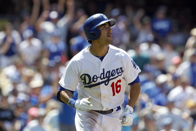 Los Angeles Dodgers’ Andre Ethier (16) watches his three-run home run against the St. Louis Cardinals in the fifth inning of a baseball game on Sunday, June 29, 2014, in Los Angeles. (AP Photo/Alex Gallardo)