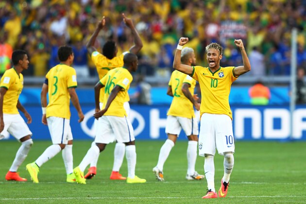 BELO HORIZONTE, BRAZIL - JUNE 28:  Neymar of Brazil celebrates during a penalty shootout during the 2014 FIFA World Cup Brazil round of 16 match between Brazil and Chile at Estadio Mineirao on June 28, 2014 in Belo Horizonte, Brazil.  (Photo by Quinn Rooney/Getty Images)
