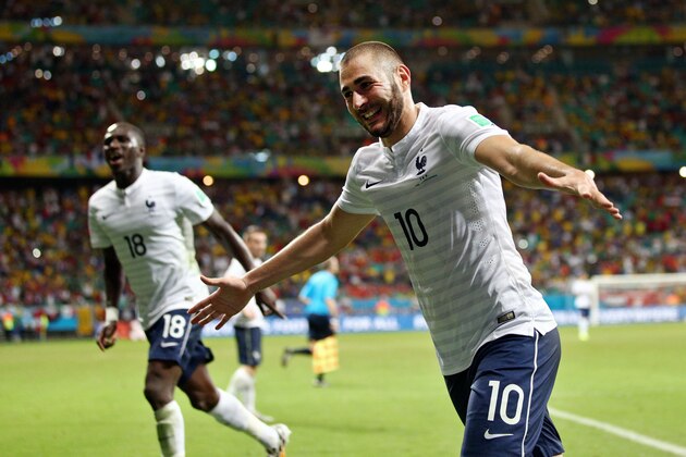 SALVADOR, BRAZIL - JUNE 20:  Karim Benzema of France celebrates a goal that came after the referee had blown full time during the 2014 FIFA World Cup Brazil Group E match between Switzerland and France at Arena Fonte Nova on June 20, 2014 in Salvador, Brazil.  (Photo by Adam Pretty/Getty Images)