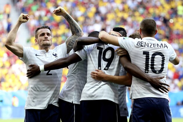 France's Paul Pogba (19) celebrates with teammates after scoring his side's opening goal during the World Cup round of 16 soccer match between France and Nigeria at the Estadio Nacional in Brasilia, Brazil, Monday, June 30, 2014. (AP Photo/David Vincent) France's Paul Pogba (19) celebrates with teammates after scoring his side's opening goal during the World Cup round of 16 soccer match between France and Nigeria at the Estadio Nacional in Brasilia, Brazil, Monday, June 30, 2014. (AP Photo/David Vincent)
