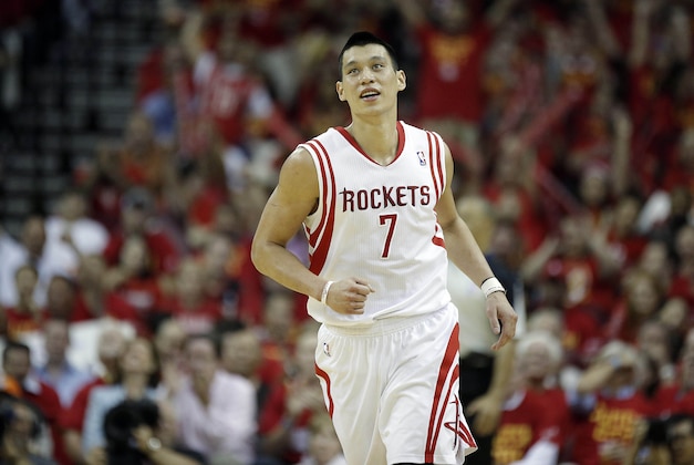 Apr 30, 2014; Houston, TX, USA; Houston Rockets guard Jeremy Lin (7) celebrates after making a three-pointer during the fourth quarter against the Portland Trail Blazers in game five of the first round of the 2014 NBA Playoffs at Toyota Center. Mandatory Credit: Andrew Richardson-USA TODAY Sports Apr 30, 2014; Houston, TX, USA; Houston Rockets guard Jeremy Lin (7) celebrates after making a three-pointer during the fourth quarter against the Portland Trail Blazers in game five of the first round of the 2014 NBA Playoffs at Toyota Center. Mandatory Credit: Andrew Richardson-USA TODAY Sports
