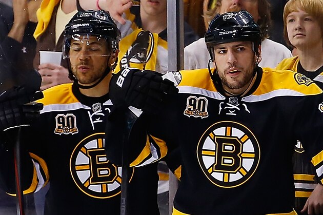 BOSTON, MA - MAY 03: Milan Lucic #17, Jarome Iginla #12, and David Krejci #46 of the Boston Bruins take a break during a reviewed play in the second period against the Montreal Canadiens in Game Two of the Second Round of the 2014 NHL Stanley Cup Playoffs at TD Garden on May 3, 2014 in Boston, Massachusetts. (Photo by Jared Wickerham/Getty Images) BOSTON, MA - MAY 03: Milan Lucic #17, Jarome Iginla #12, and David Krejci #46 of the Boston Bruins take a break during a reviewed play in the second period against the Montreal Canadiens in Game Two of the Second Round of the 2014 NHL Stanley Cup Playoffs at TD Garden on May 3, 2014 in Boston, Massachusetts. (Photo by Jared Wickerham/Getty Images)