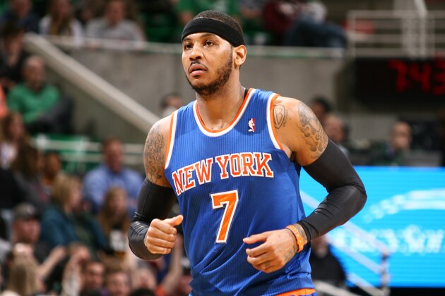 SALT LAKE CITY, UT - MARCH 31:  Carmelo Anthony #7 of the New York Knicks during the game against the Utah Jazz at EnergySolutions Arena on March 31, 2014 in Salt Lake City, Utah. NOTE TO USER: User expressly acknowledges and agrees that, by downloading and or using this Photograph, User is consenting to the terms and conditions of the Getty Images License Agreement. Mandatory Copyright Notice: Copyright 2014 NBAE (Photo by Melissa Majchrzak/NBAE via Getty Images)