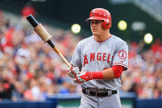 ATLANTA, GA - JUNE 13: Mike Trout #27 of the Los Angeles Angels of Anaheim prepares to bat in the first inning against the Atlanta Braves at Turner Field on June 13, 2014 in Atlanta, Georgia. (Photo by Daniel Shirey/Getty Images)