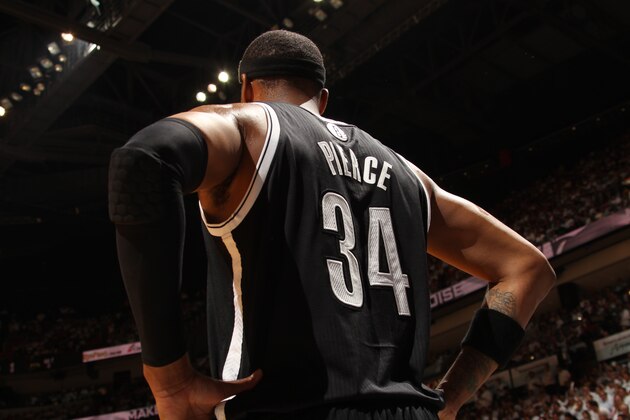 MIAMI, FL - May 8: Paul Pierce #34 of the Brooklyn Nets during a game against the Miami Heat in Game Two of the Eastern Conference Semifinals of the 2014 NBA playoffs at the American Airlines Arena in Miami, Florida on May 8, 2014. NOTE TO USER: User expressly acknowledges and agrees that, by downloading and/or using this photograph, user is consenting to the terms and conditions of the Getty Images License Agreement. Mandatory copyright notice: Copyright NBAE 2014 (Photo by Issac Baldizon/NBAE via Getty Images)