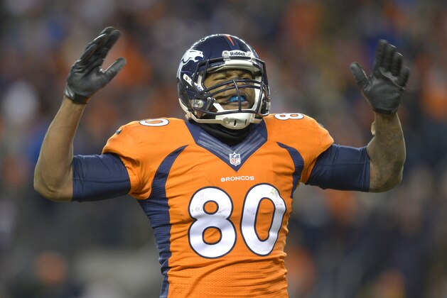 Denver Broncos tight end Julius Thomas (80) reacts against the San Diego Chargers in the fourth quarter of an NFL AFC division playoff football game, Sunday, Jan. 12, 2014, in Denver. (AP Photo/Jack Dempsey) Denver Broncos tight end Julius Thomas (80) reacts against the San Diego Chargers in the fourth quarter of an NFL AFC division playoff football game, Sunday, Jan. 12, 2014, in Denver. (AP Photo/Jack Dempsey)