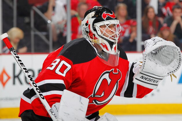NEWARK, NJ - APRIL 13: Goaltender Martin Brodeur #30 of the New Jersey Devils looks against the Boston Bruins at the Prudential Center on April 13, 2014 in Newark, New Jersey. (Photo by Andy Marlin/NHLI via Getty Images)