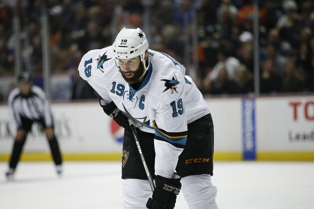 San Jose Sharks' Joe Thornton watches during the first period of an NHL hockey game against the Anaheim Ducks on Wednesday, April 9, 2014, in Anaheim, Calif. (AP Photo/Jae C. Hong)
