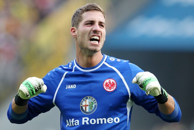 Frankfurt goalkeeper Kevin Trapp is seen during a German  Bundesliga soccer match between Eintracht Frankfurt and Borussia Dortmund in Frankfurt, Germany, Sunday, Sept.1, 2013. (AP Photo/Michael Probst)