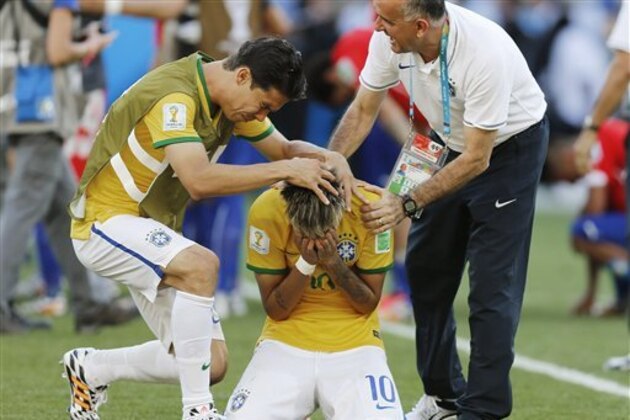 Brazil's Neymar reacts after the penalty shootout at the World Cup round of 16 soccer match between Brazil and Chile at Mineirao Stadium in Belo Horizonte, Brazil, Saturday, June 28, 2014. Brazil won 3-2 on penalties after Neymar scored the winner in the shootout. (AP Photo/Frank Augstein) Brazil's Neymar reacts after the penalty shootout at the World Cup round of 16 soccer match between Brazil and Chile at Mineirao Stadium in Belo Horizonte, Brazil, Saturday, June 28, 2014. Brazil won 3-2 on penalties after Neymar scored the winner in the shootout. (AP Photo/Frank Augstein)