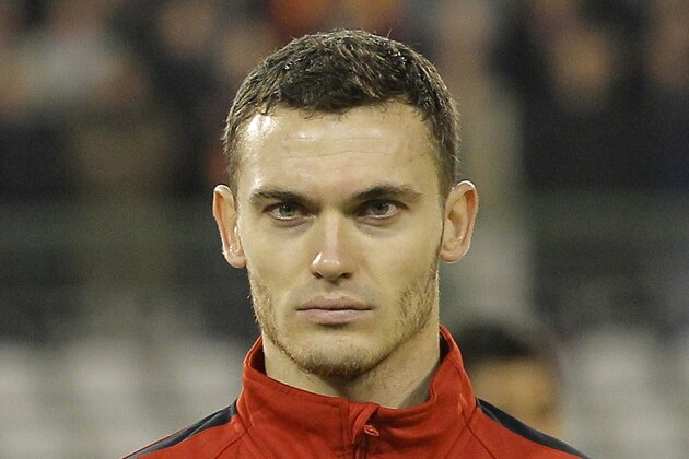 Belgium's Thomas Vermaelen poses ahead of the World Cup Group A qualifying soccer match against Wales, at the King Baudouin stadium in brussels, Tuesday, Oct. 15, 2013. (AP Photo/Yves Logghe)