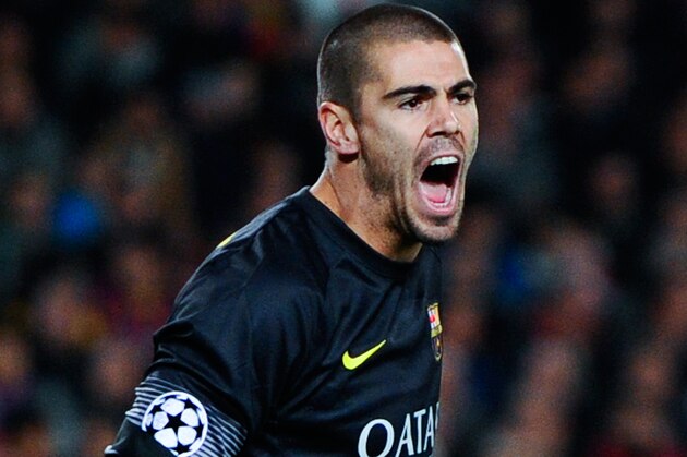 BARCELONA, SPAIN - MARCH 12: Victor Valdes of FC Barcelona reacts during the UEFA Champions League Round of 16 second leg match between FC Barcelona and Manchester City at Camp Nou on March 12, 2014 in Barcelona, Spain.  (Photo by David Ramos/Getty Images)