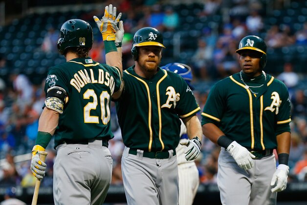 NEW YORK, NY - JUNE 25:  Brandon Moss #37 of the Oakland Athletics celebrates with teammates Yoenis Cespedes #52 and Josh Donaldson #20 after hitting a three run home run in the first inning against the New York Mets at Citi Field on June 25, 2014 in the Flushing neighborhood of the Queens borough of New York City.  (Photo by Mike Stobe/Getty Images)