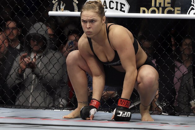 Ronda Rousey prepares for a UFC 170 mixed martial arts women's bantamweight title fight against Sara McMann on Saturday, Feb. 22, 2014, in Las Vegas. (AP Photo/Isaac Brekken)