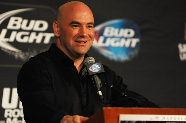 Feb 22, 2014; Las Vegas, NV, USA; Dana White answers a question during a post-fight press conference following UFC 170 at Mandalay Bay.  Mandatory Credit: Stephen R. Sylvanie-USA TODAY Sports