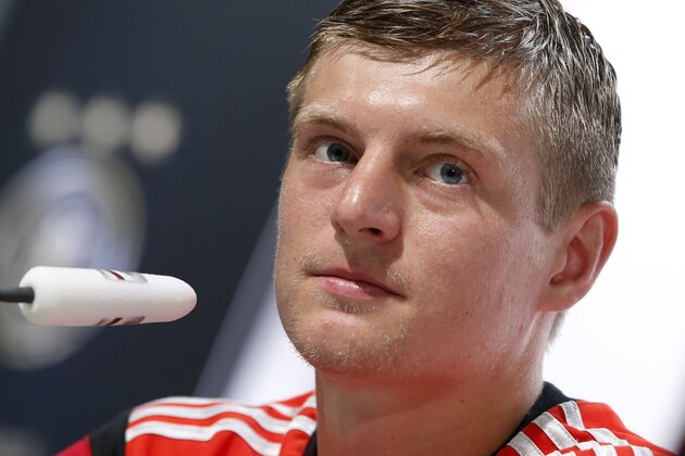 Germany national soccer player Toni Kroos attends a news conference in Santo Andre near Porto Seguro, Brazil, Wednesday, June 18, 2014. Germany play in group G of the 2014 soccer World Cup. (AP Photo/Matthias Schrader)