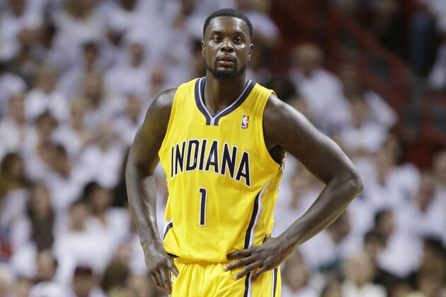 Indiana Pacers guard Lance Stephenson (1) during the first half Game 6 in the NBA basketball playoffs Eastern Conference finals against the Miami Heat, Friday, May 30, 2014, in Miami. (AP Photo/Lynne Sladky)