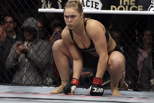 Ronda Rousey prepares for a UFC 170 mixed martial arts women's bantamweight title fight against Sara McMann on Saturday, Feb. 22, 2014, in Las Vegas. (AP Photo/Isaac Brekken)