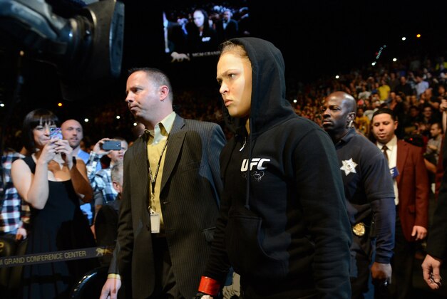 Dec 28, 2013; Las Vegas, NV, USA;   Ronda Rousey enters the arena for her UFC Women's Bantamweight Championship Bout against Miesha Tate (not pictured) at the MGM Grand Garden Arena. Rousey won. Mandatory Credit: Jayne Kamin-Oncea-USA TODAY Sports