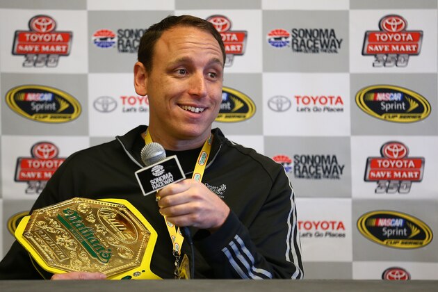SONOMA, CA - JUNE 22: Joey Chestnut, current champion of Nathan's Annual Hot Dog Eating Contest and world number one ranked competitor by International Federation of Competitive Eating speaks at a press conference prior to the NASCAR Sprint Cup Series Toyota/Save Mart 350 at Sonoma Raceway on June 22, 2014 in Sonoma, California. (Photo by Tom Pennington/Getty Images) SONOMA, CA - JUNE 22: Joey Chestnut, current champion of Nathan's Annual Hot Dog Eating Contest and world number one ranked competitor by International Federation of Competitive Eating speaks at a press conference prior to the NASCAR Sprint Cup Series Toyota/Save Mart 350 at Sonoma Raceway on June 22, 2014 in Sonoma, California. (Photo by Tom Pennington/Getty Images)