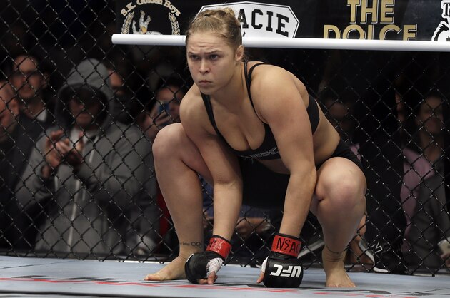 Ronda Rousey prepares for a UFC 170 mixed martial arts women's bantamweight title fight against Sara McMann on Saturday, Feb. 22, 2014, in Las Vegas. (AP Photo/Isaac Brekken)