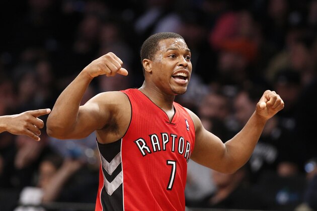 Toronto Raptors guard Kyle Lowry (7) reacts in waning minutes of the second half of Game 4 of an NBA basketball first-round playoff series against the Brooklyn Nets at the Barclays Center, Sunday, April 27, 2014, in New York. The Raptors evened the series at 2-2, defeating the Nets 87-79. (AP Photo/Kathy Willens) Toronto Raptors guard Kyle Lowry (7) reacts in waning minutes of the second half of Game 4 of an NBA basketball first-round playoff series against the Brooklyn Nets at the Barclays Center, Sunday, April 27, 2014, in New York. The Raptors evened the series at 2-2, defeating the Nets 87-79. (AP Photo/Kathy Willens)