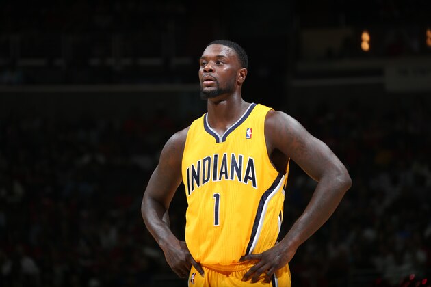 INDIANAPOLIS, IND - MAY 9: Lance Stephenson #1 of the Indiana Pacers looks on against the Washington Wizards in Game Three of the Eastern Conference Semi-Finals during the 2014 NBA Playoffs at the Verizon Center on May 9, 2014 in Washington, DC.  NOTE TO USER: User expressly acknowledges and agrees that, by downloading and or using this Photograph, user is consenting to the terms and condition of the Getty Images License Agreement. Mandatory Copyright Notice: 2014 NBAE  (Photo by Ned Dishman/NBAE via Getty Images)